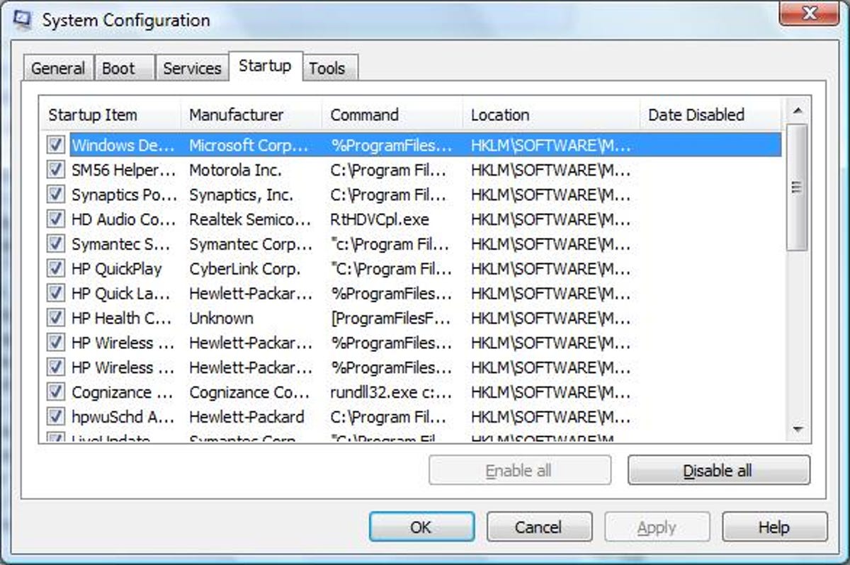 The Startup list in Windows' System Configuration utility