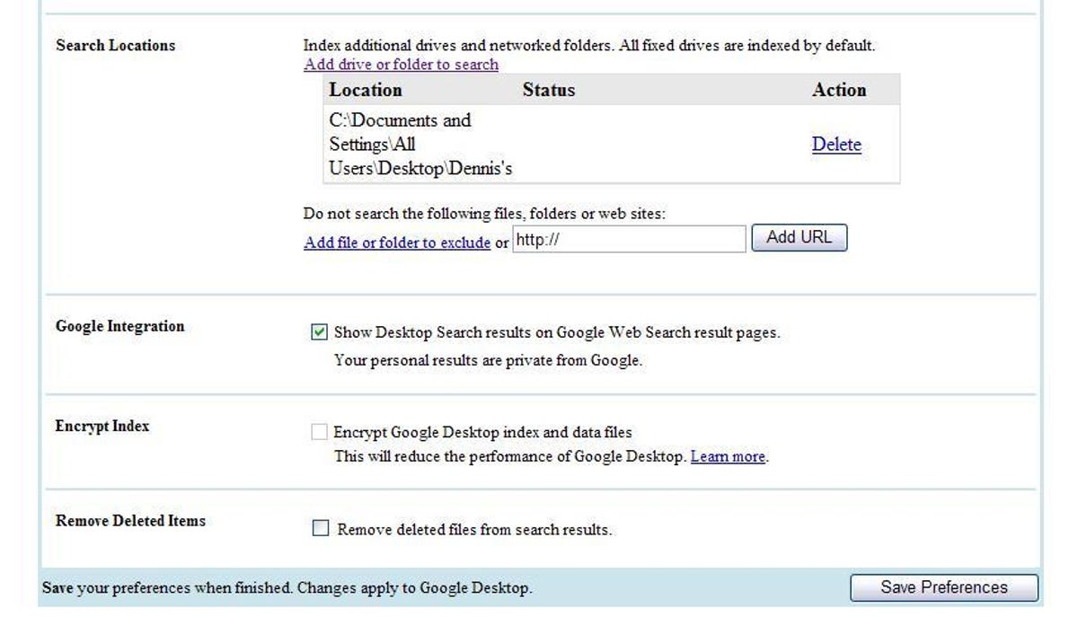 The Google Desktop Search options screen