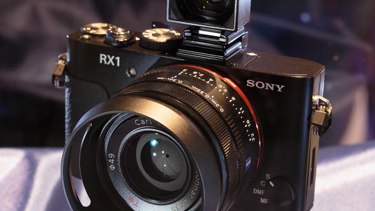 The Sony RX1 comes with an optional viewfinder, shown here perched atop the camera body in the flash hot shoe. The camera comes with a Carl Zeiss lens, too.