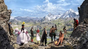A collection of characters from Final Fantasy VII Rebirth, including Cloud, Tifa, Aerith, Barrett and more, standing on a rocky outcrop overlooking a vast grassy plain and the mountains beyond.