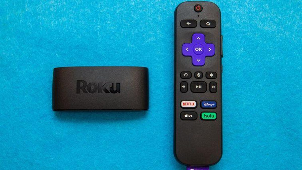 Roku Express 4K Plus with remote on blue background