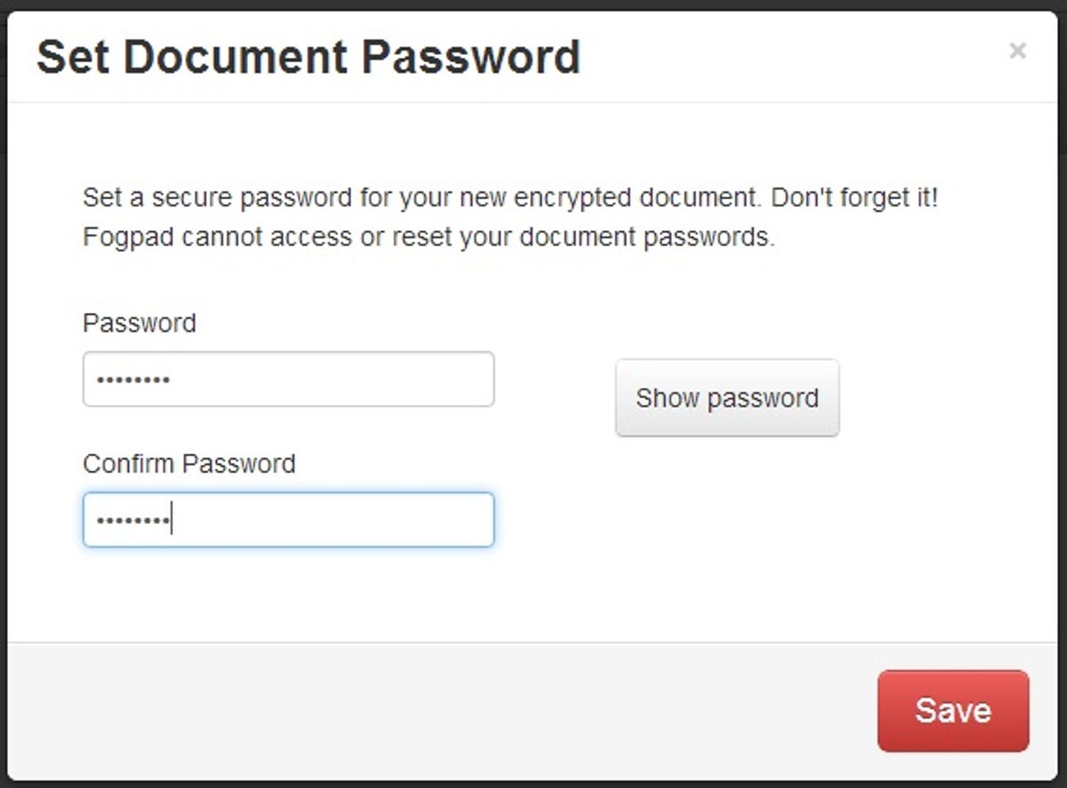 Fogpad dialog for creating and verifying the document's password