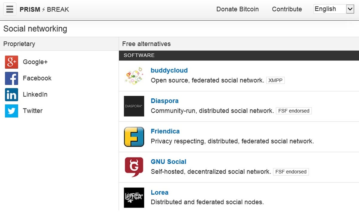 PRISM Break list of security-focused social networks