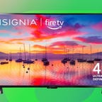 The Insignia 43-inch F30 LED 4K Fire TV is displayed against a gradient green background.