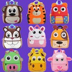backpacks in the shape of animals on a purple background