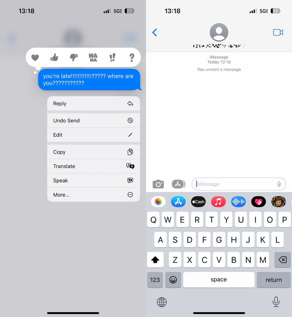 Annullamento dell'invio di un messaggio di testo su iOS 16