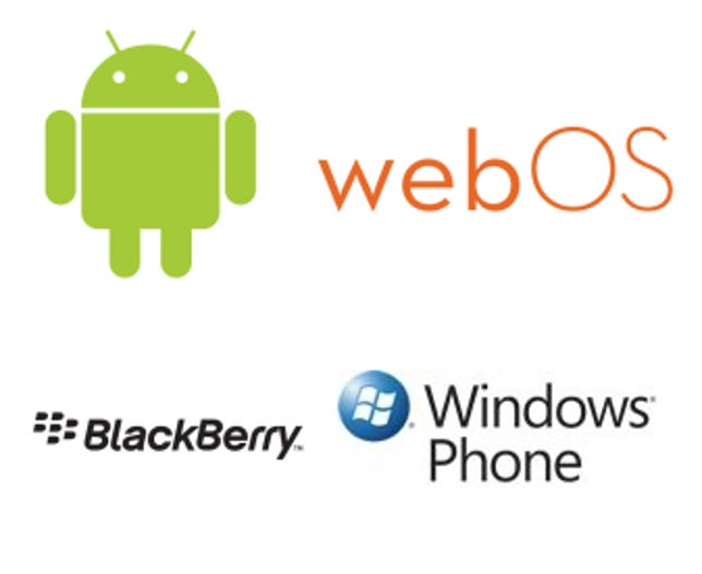 Android, WebOS, BlackBerry, Windows Phone 7 logos