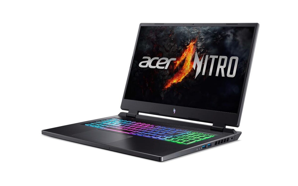 Acer Nitro 17 gaming laptop facing to the left against a white background