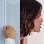 Side by side images of a hand knocking next to a Ring Peephole cam, and a woman looking through the cam. 