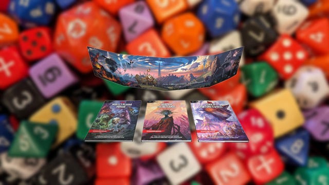 3 book covers and a GM screen on a blurry dice background