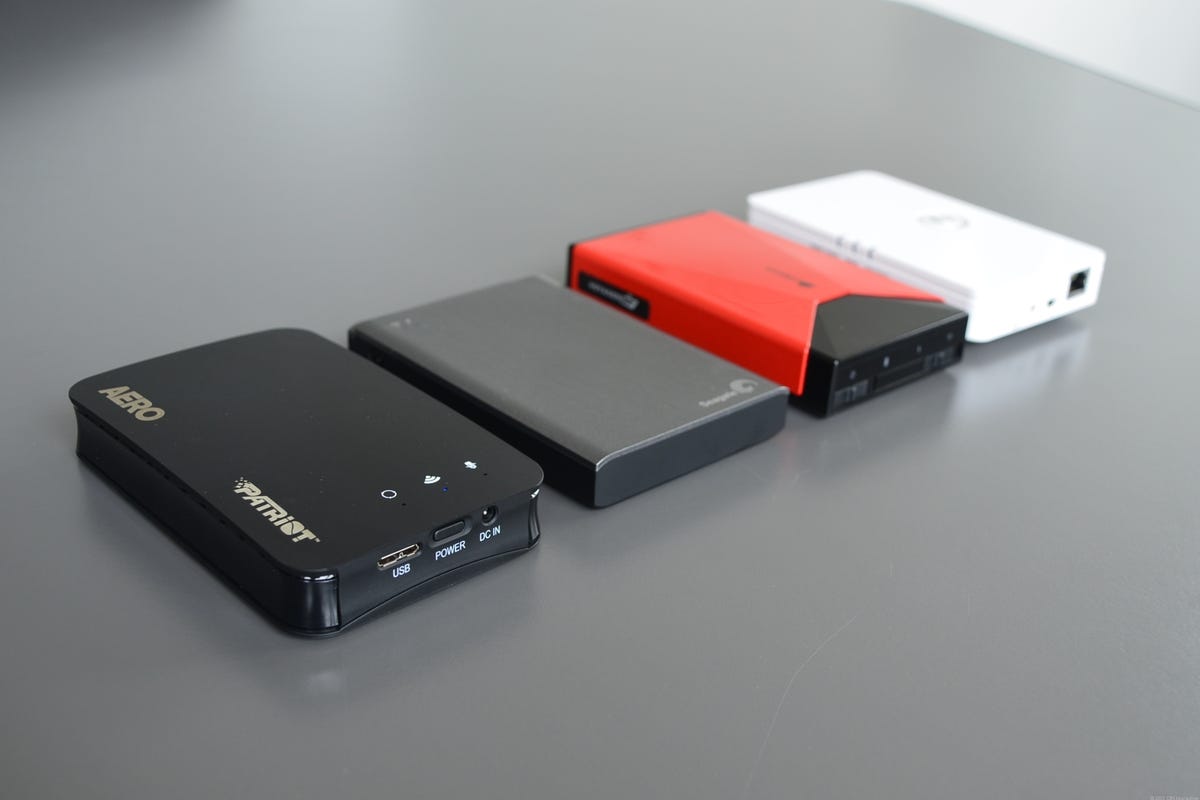 The new Patriot Aero and its peers in hard-drive-based mobile wireless storage: the Seagate Wireless Plus, Corsair Voyager Air, and G-Tech G-Connect.