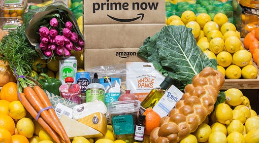 groceries in front of amazon bag