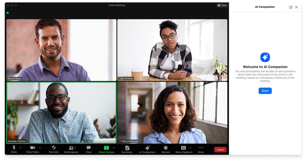 Four people in a video meeting with Zoom's AI tool on the sidebar