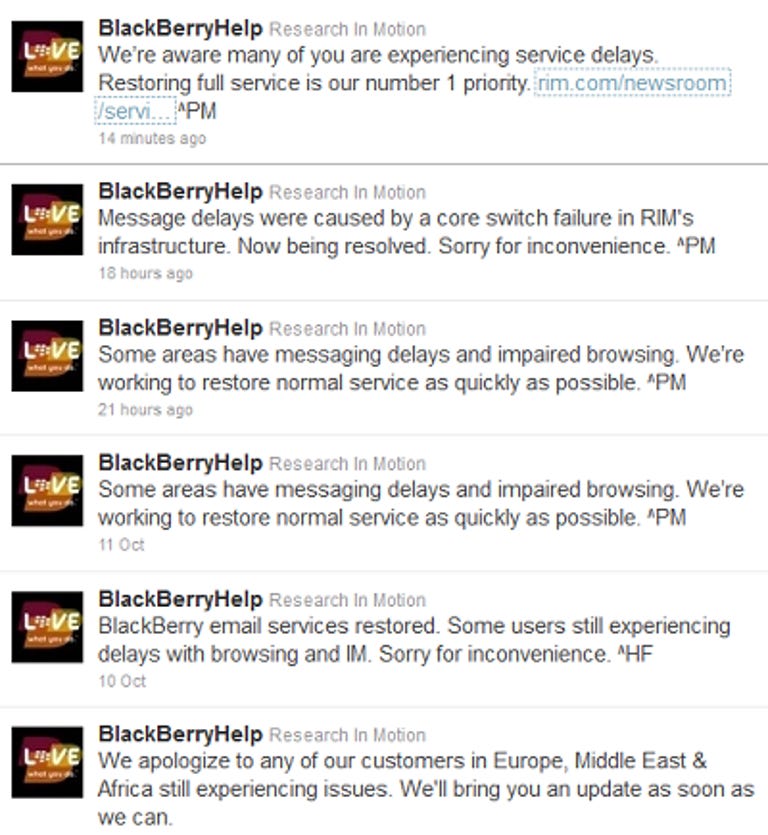 RIM tweets about BlackBerry outages.