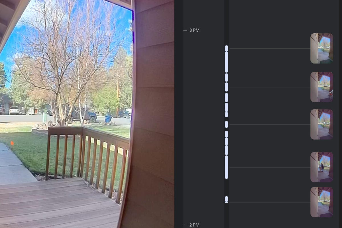 A Nest cam view of a porch with the Google web app event history beside it.