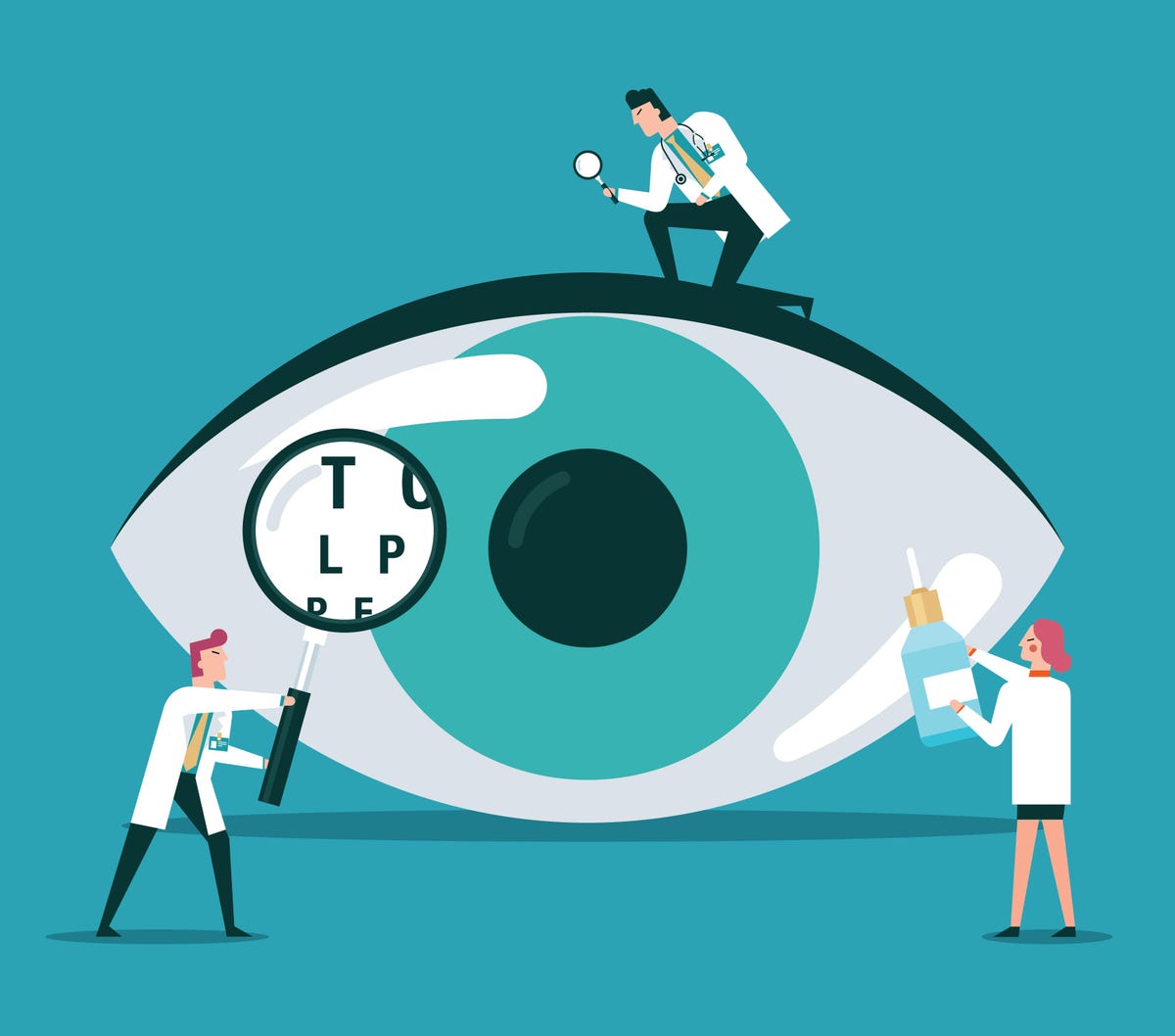 A big eye against an aqua background with three illustrated doctors checking it