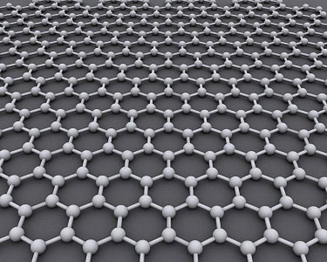 Graphene, as shown in this schematic, is a sheet of carbon atoms arranged in a hexagonal array just one atom thick.