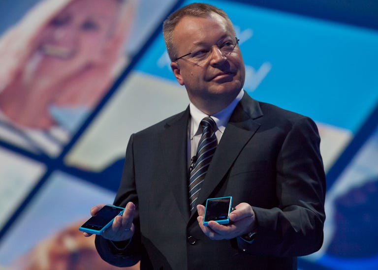 Nokia CEO Stephen Elop shows off his company's new Windows Phone products at Nokia World in London.