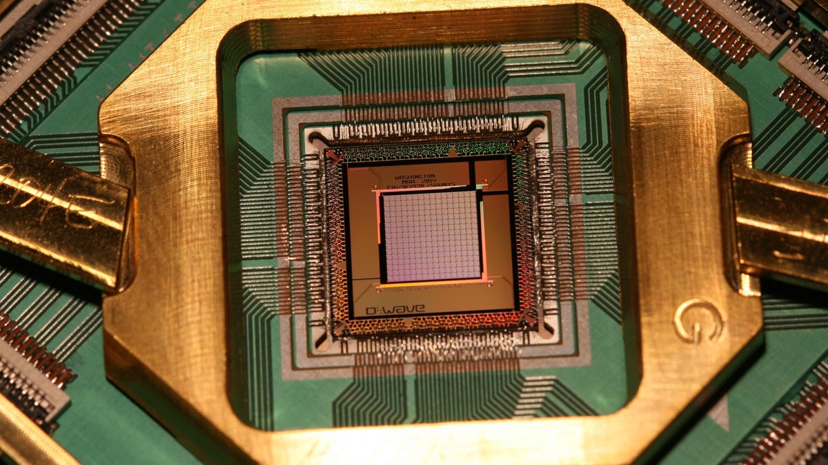 Startup ​D-Wave is trying to bring quantum computing out of the research lab. This is one of its chips.