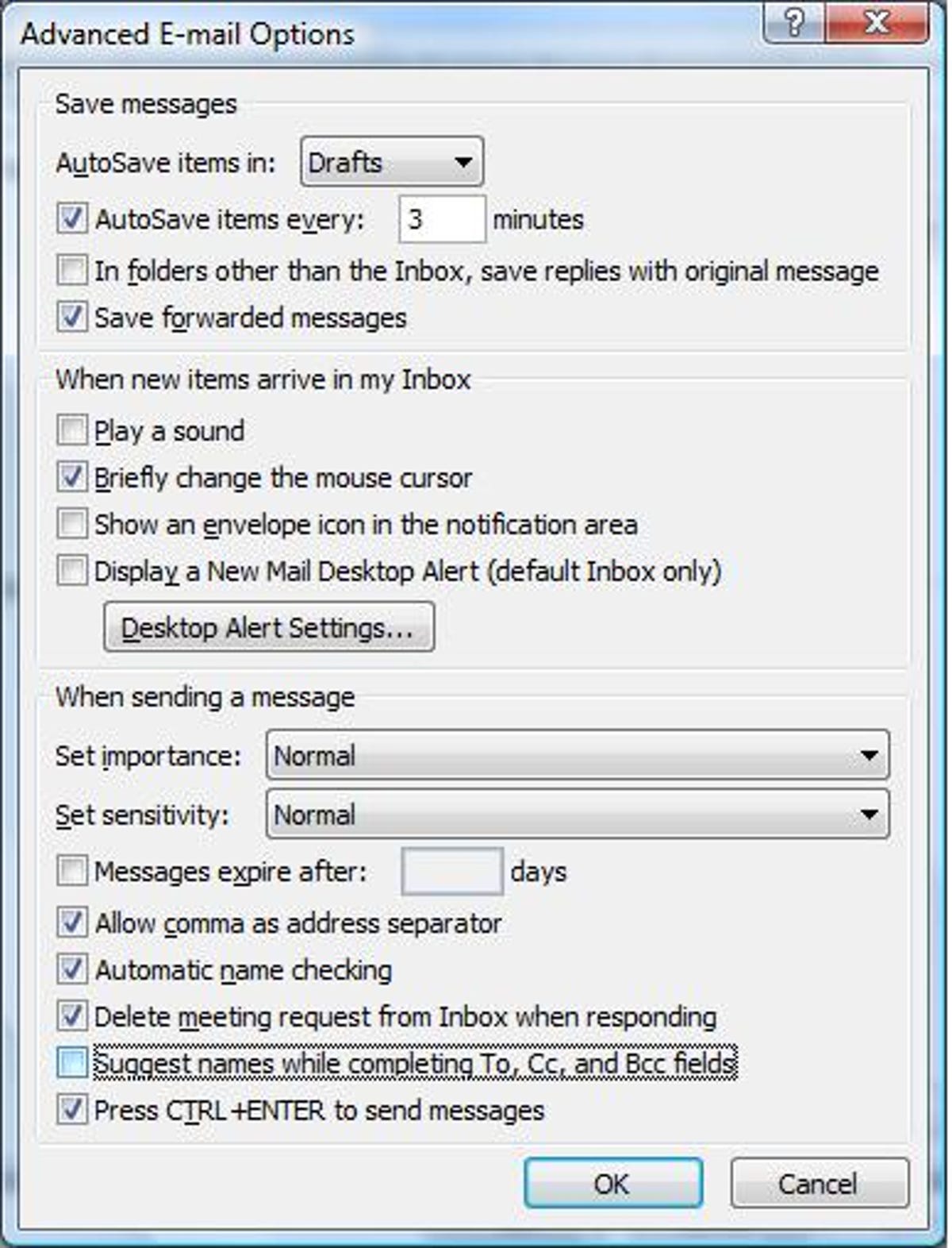 Microsoft Outlook 2007 Advanced E-mail Options dialog box