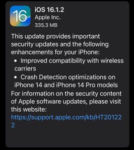 Notes de version iOS 16.1.2