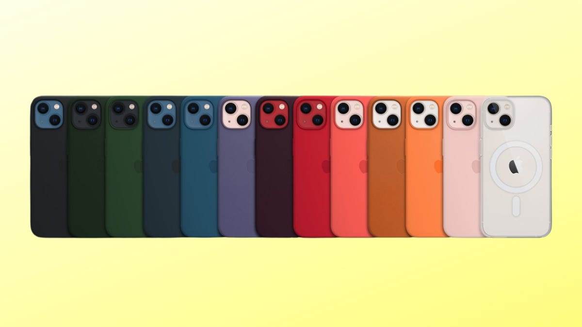 A row of Apple iPhone 13 cases from dark to light colors against a yellow background.