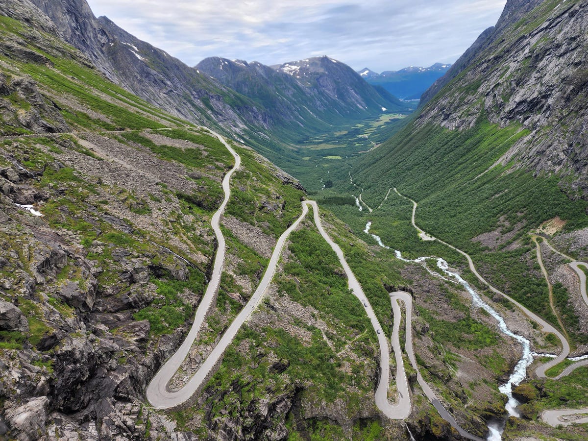 Looking down Norway's Troll Road, an endless series of hairpin turns stretching off into the distance.