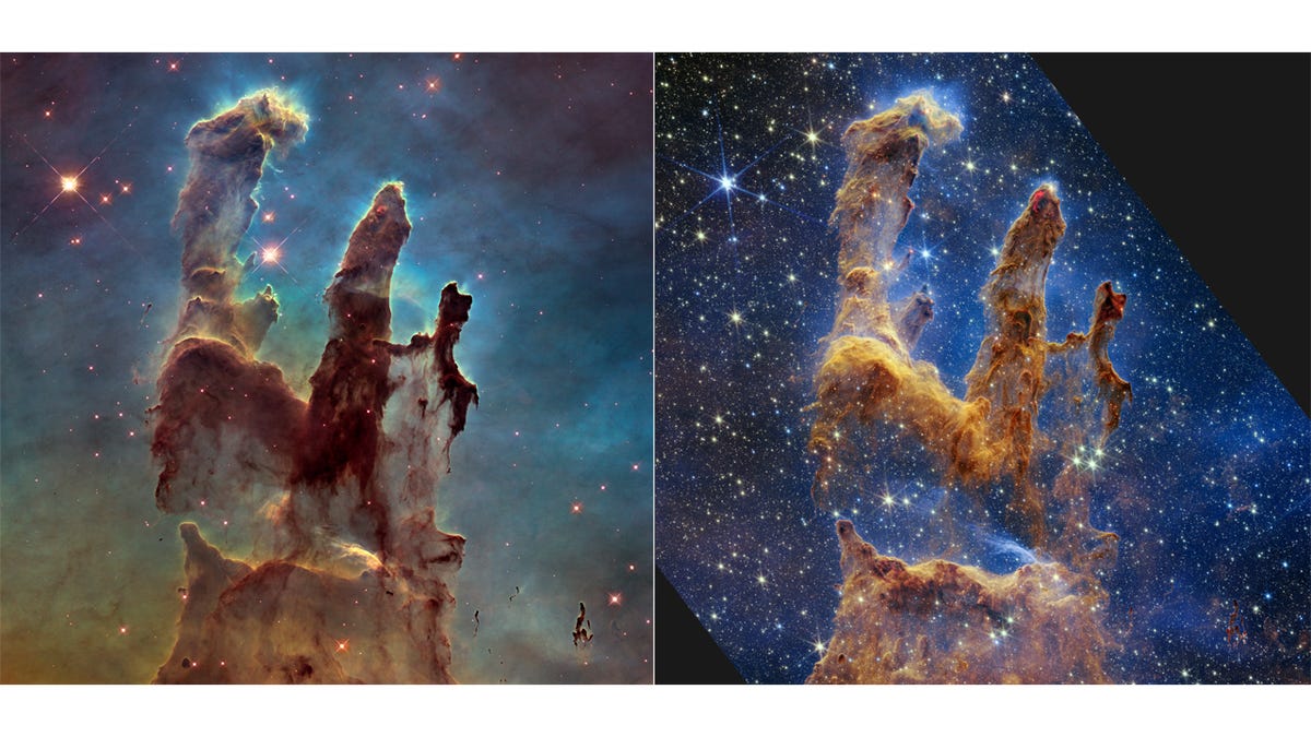 Стълбовете на Сътворението, видени от телескопа Хъбъл (вляво) и телескопа Уеб (вдясно)