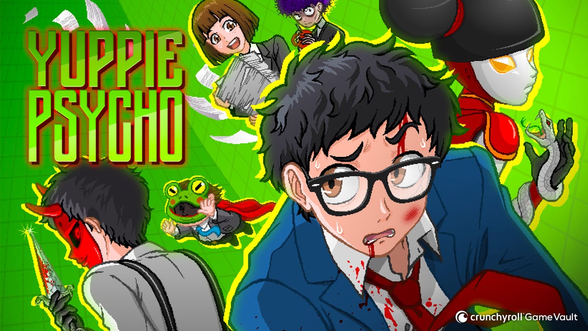 Yuppie Psycho title card depicting a frightened man wearing glasses