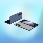 Two Samsung Z Fold 5 mobile phones on a blue background.