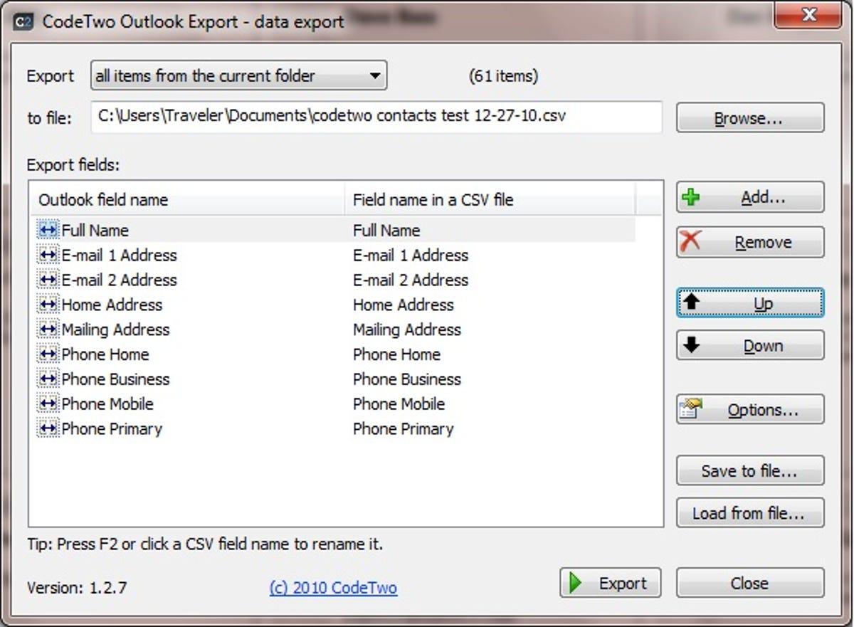 CodeTwo Outlook Export main window