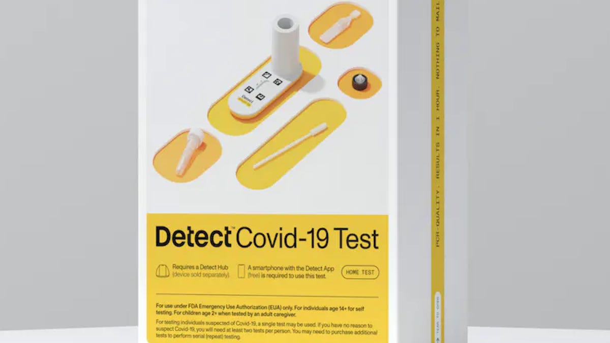 A Detect COVID test in a white and yellow box
