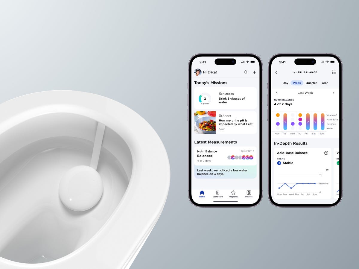 A smartphone screen showing the Withings app next to a toilet sensor