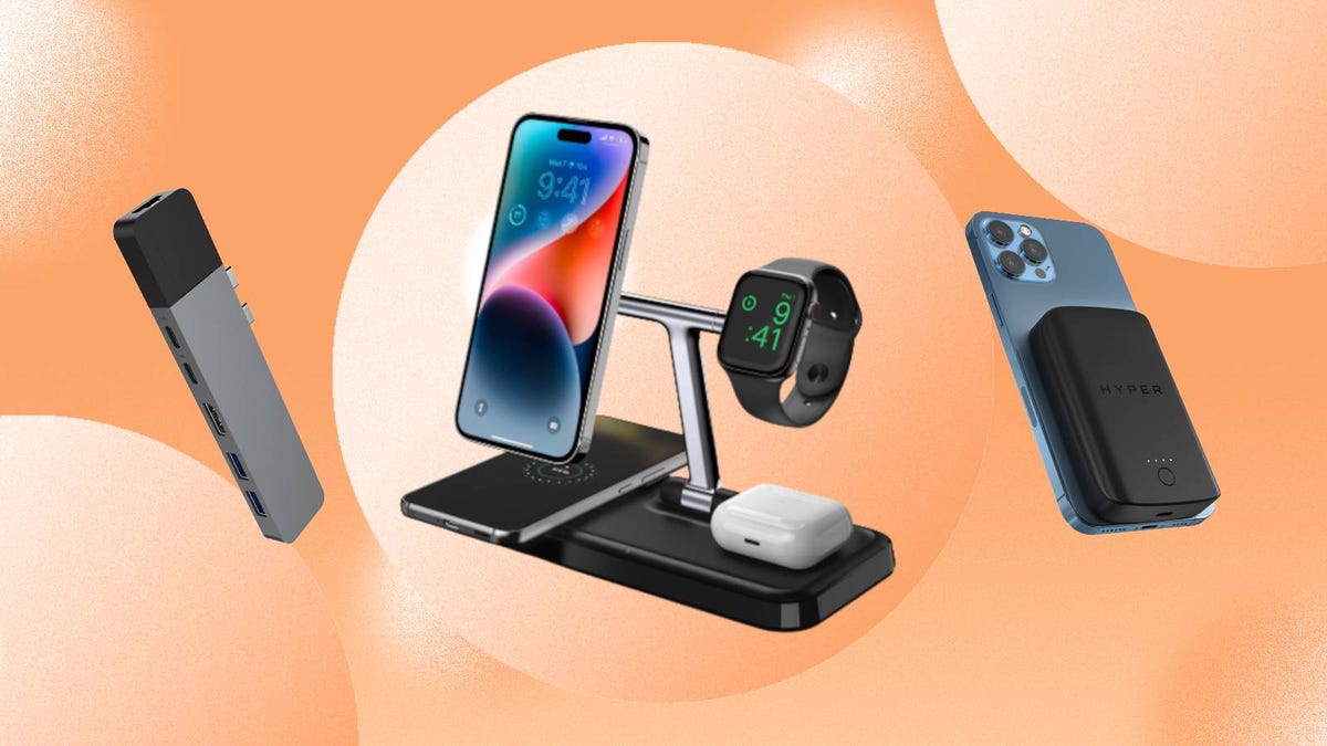 Hyper tech accessories including a hub, a wireless charger and a battery pack are displayed against an orange background.
