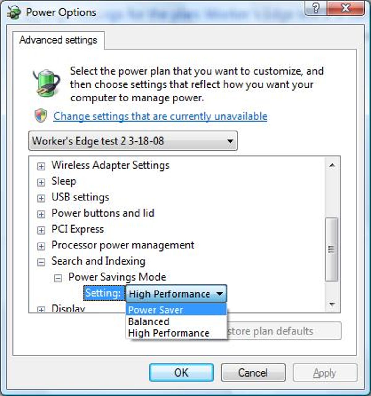 Windows Vista's Advanced Power Options dialog box