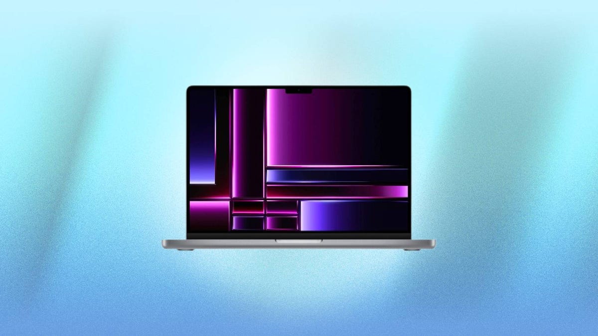 An M2 MacBook Pro laptop against a blue background.