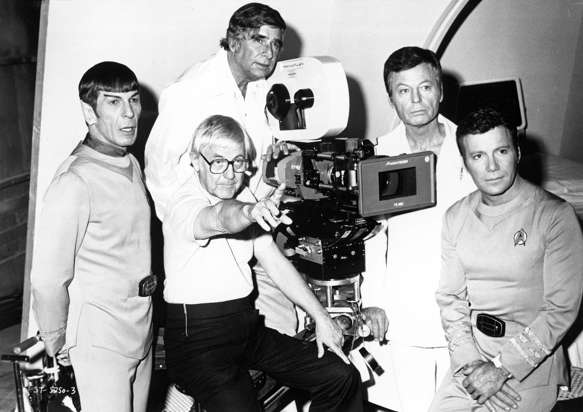Leonard Nimoy, DeForest Kelley and William Shatner pose for a portrait with Star Trek creator Gene Roddenberry and director Robert Wise ahead of the 1979 release of 