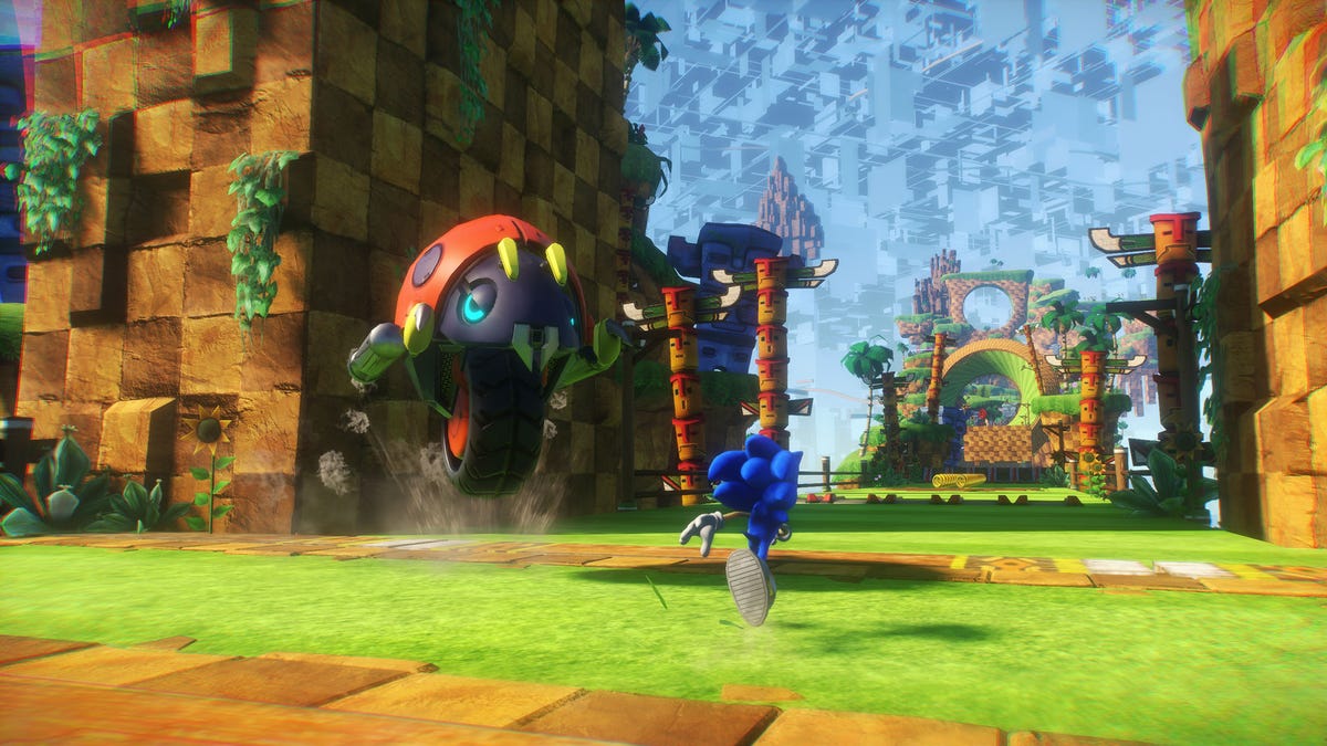 Sonic dashes through Green Hill Zone as an enemy looms in Sonic Frontiers