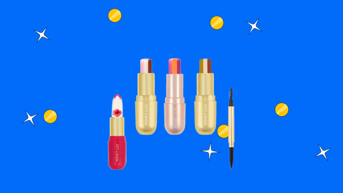 Beauty products on blue background