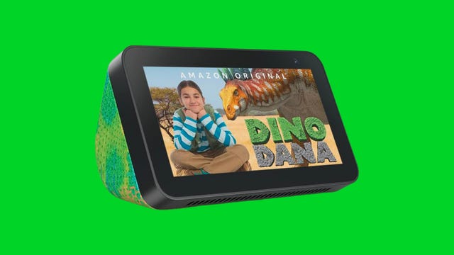 Amazon Echo Show 5 Kids with chameleon design showing Dino Dana on screen