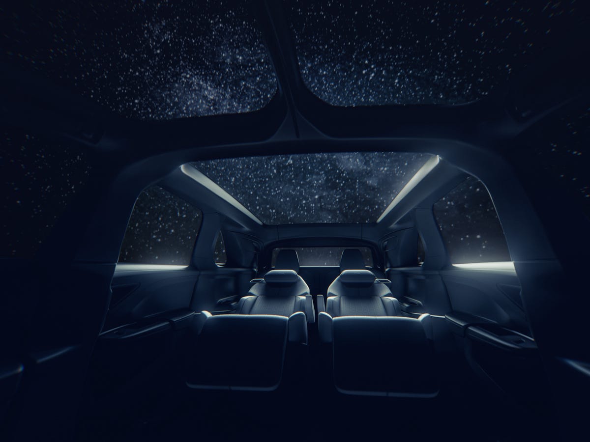 Lucid Gravity interior, night sky through glass roof