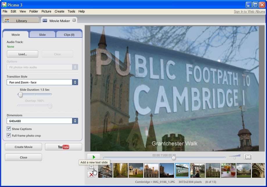 Picasa editing software now lets users export movies with musical soundtrack to a file or YouTube.