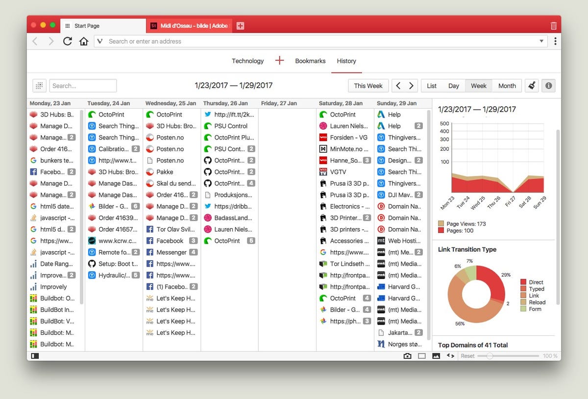 ​Vivaldi 1.8's history interface shows you how active you've been online.