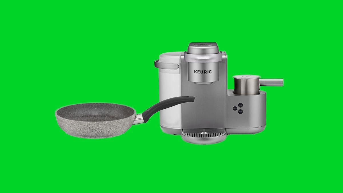 A frying pan and Keurig on a green background