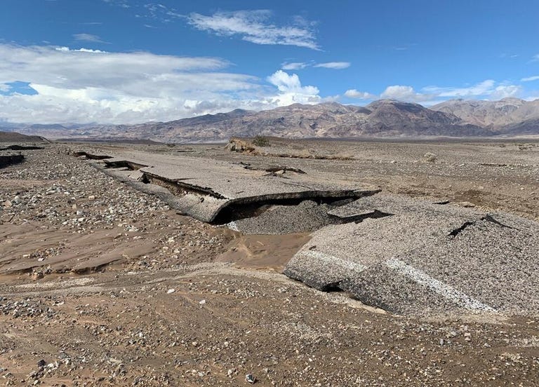 A wash-out road from flood damage in Death Valley.