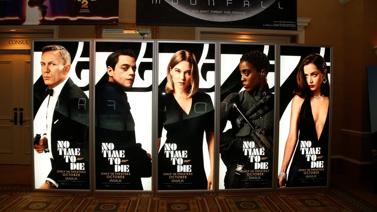 Movie posters for No Time to Die displayed at Caesars Palace in Las Vegas during CinemaCon on Aug. 26, 2021.