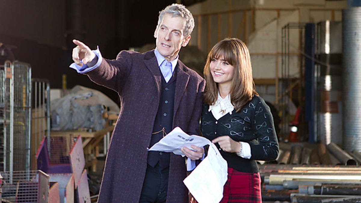 Peter Capaldi, on set wearing his new costume as the Twelfth Doctor, with 