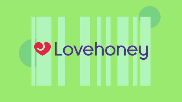 Logo Lovehoney ditampilkan dengan latar belakang hijau.