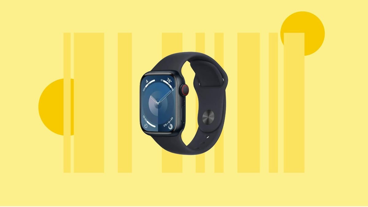The Apple Watch Series 9 is displayed a،nst a yellow background.