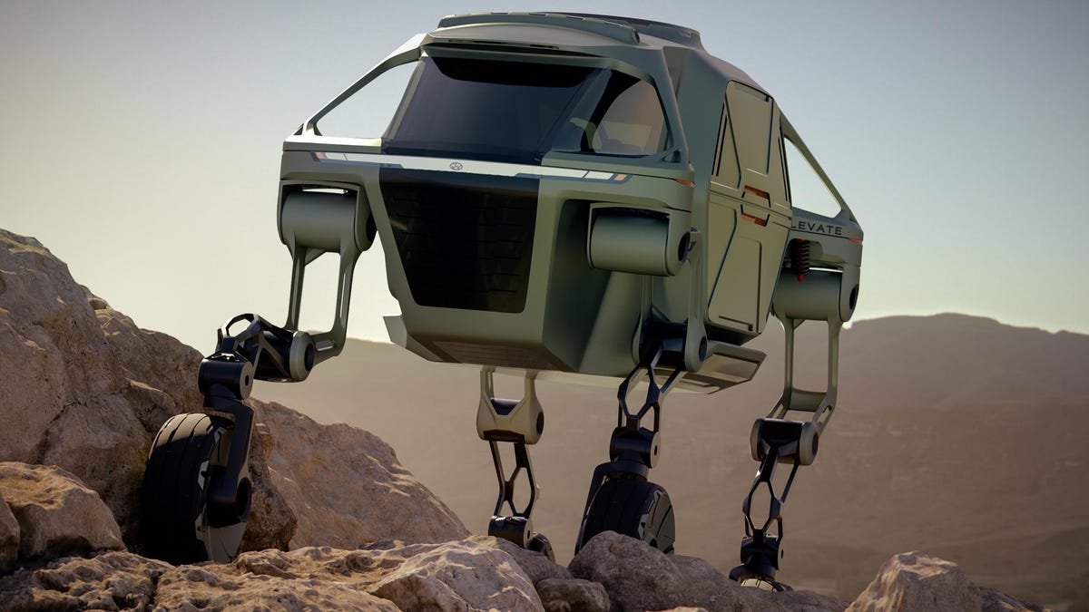 Hyundai walking car concept depicted on rocky terrain